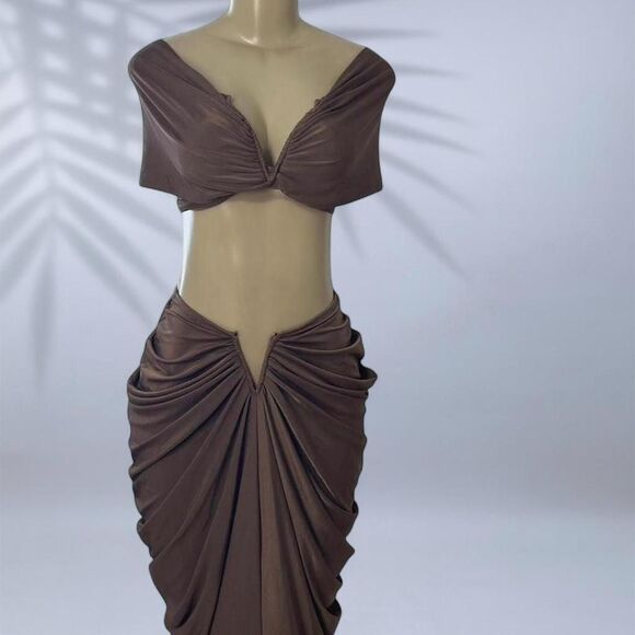 Dresses & Skirts - Brown Ruched Two-Piece Set | Crop Top + Maxi Skirt